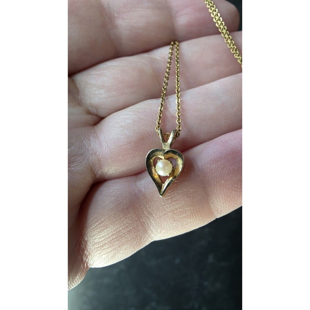 12K Gold Filled Real Pearl Accent Heart-shaped Pendant Necklace Vintage